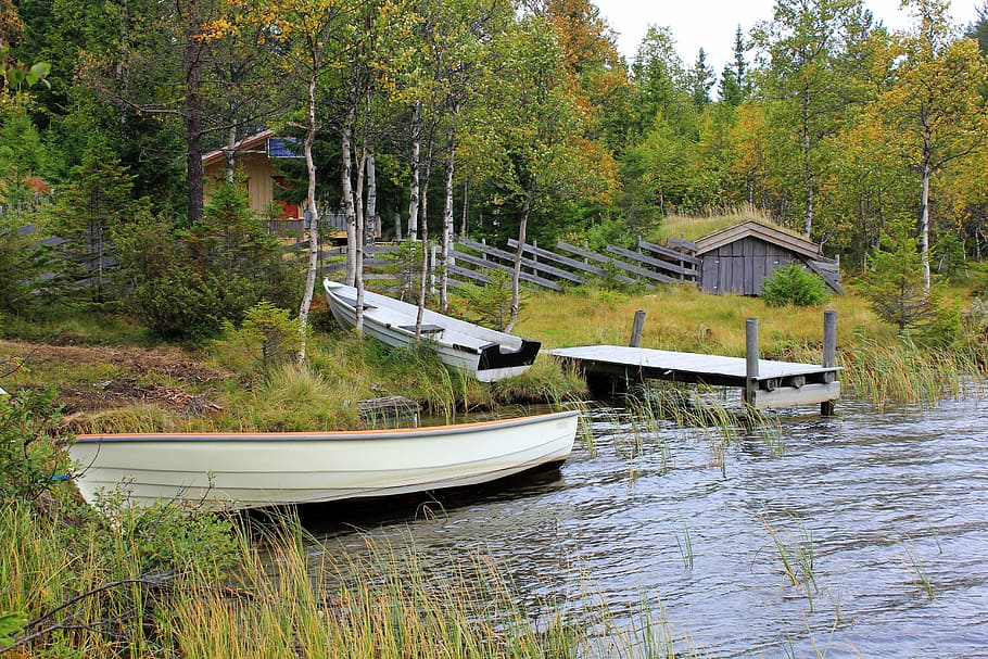 white, canoe, daytime, norway, lake, water, boats, dock, pier, house