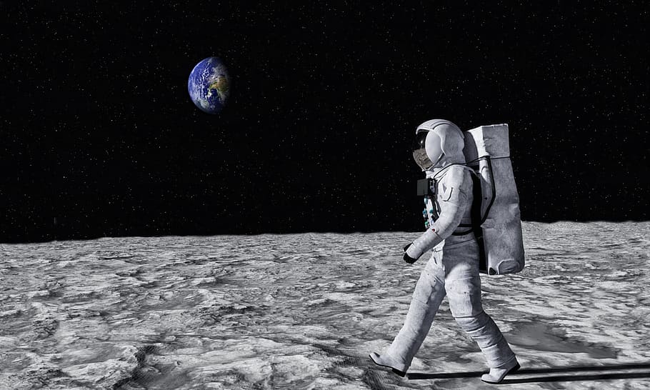 astronot, bulan, permukaan, berjalan, bumi, melihat, ruang, eksplorasi, planit, nasa