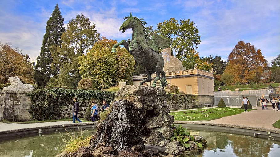 mirabell gardens, park, salzburg, horse, statue, austria, tree, water, plant, sculpture