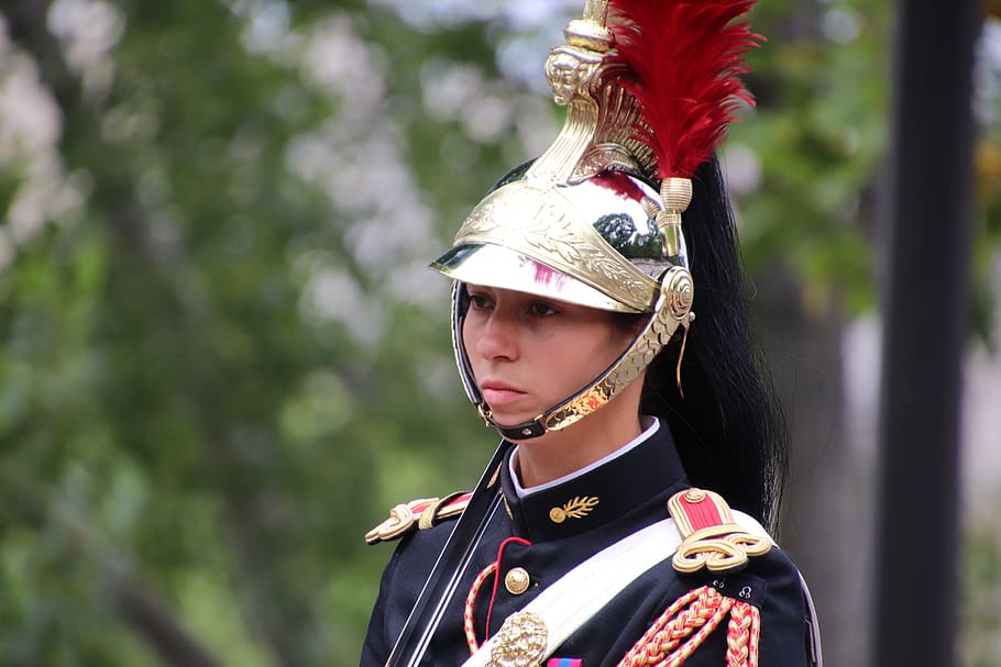 republican guard, paris, france, young woman, military, helmet, horse, french, regiment, honour