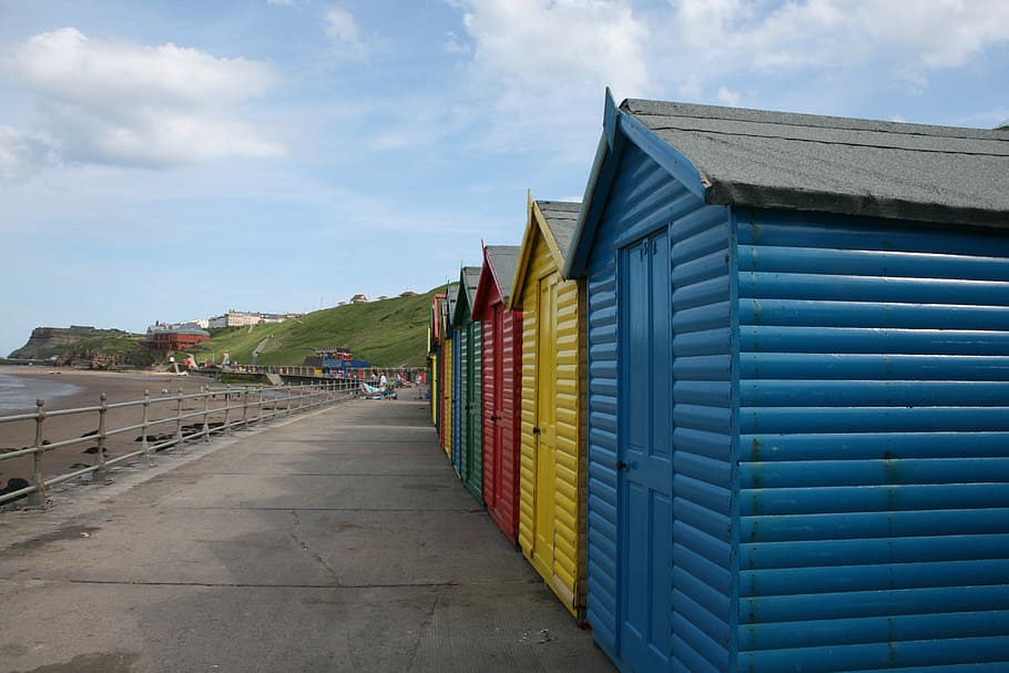 whitby, beach, beach huts, yorkshire, summer, seaside, coast, huts, holiday, red