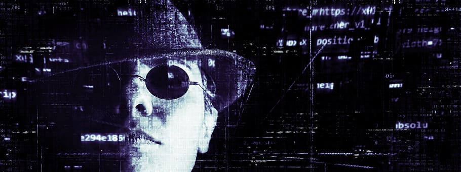 foto, persona, vistiendo, gafas de sol de arte, pirata informático, delito cibernético, pancarta, encabezado, internet, computadora