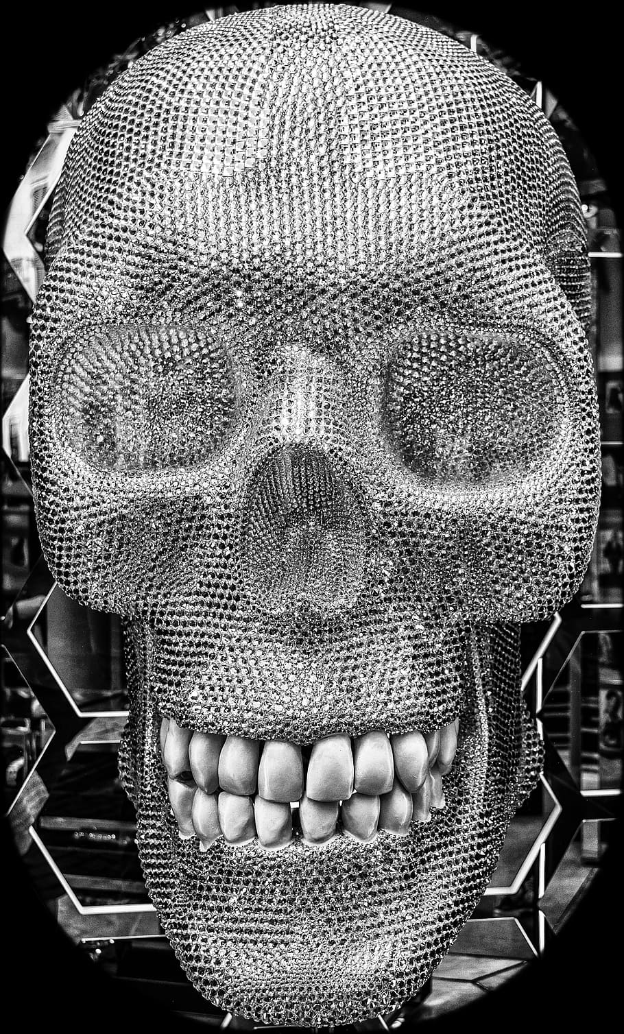 silver skull illustration, skull, skull and crossbones, tooth, symbol, risk, death, warning, rhinestone, diamonds