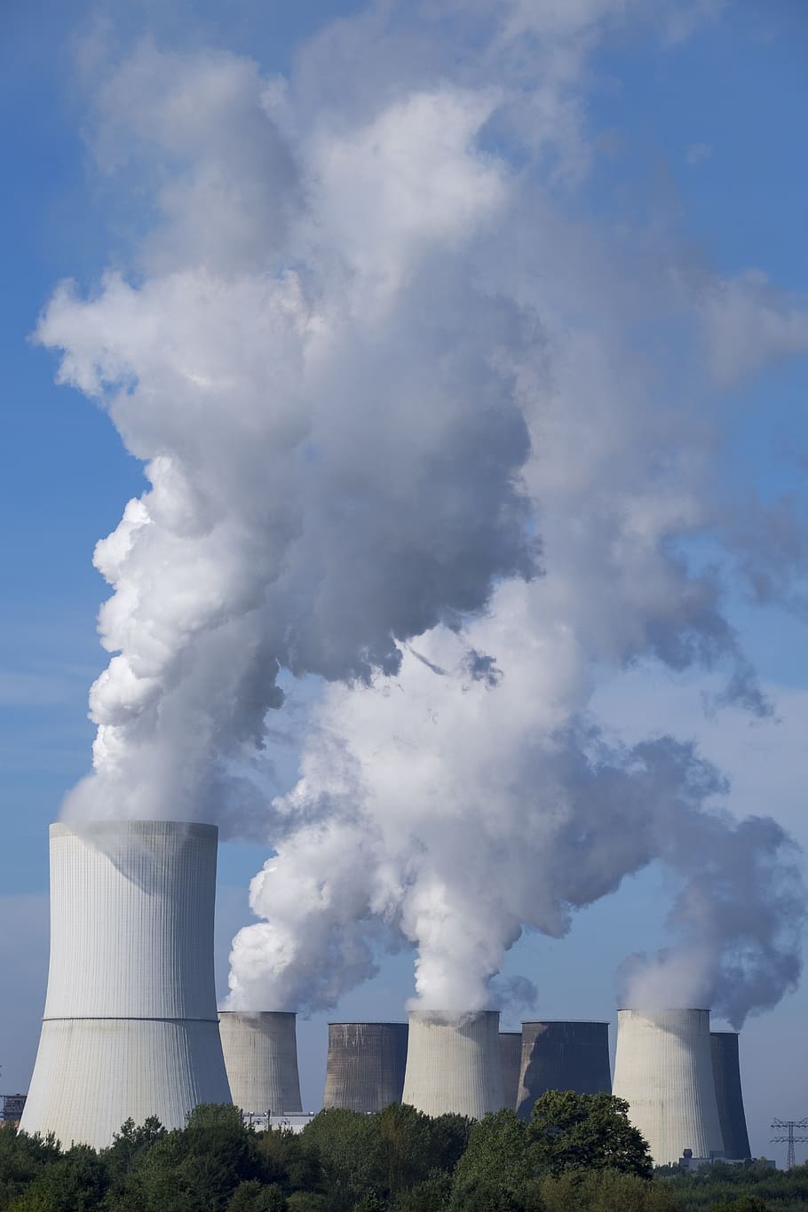 white, smoke, coming, power plant, industry, nuclear power plant, chimney, industrial plant, pollution, environmental protection