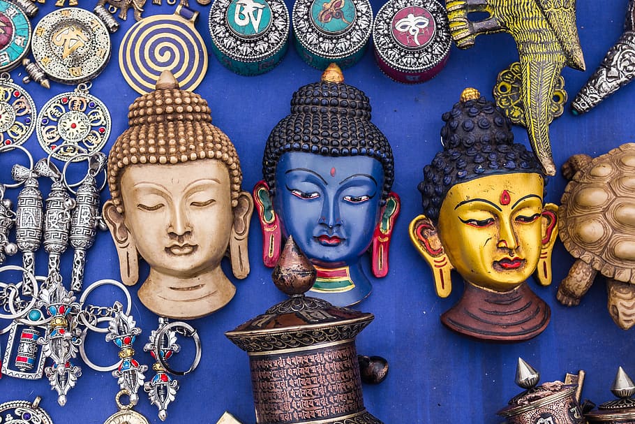 buddha, basantapur, nepal, tengara, budaya, topeng, patung, toko jalanan, representasi manusia, seni dan kerajinan