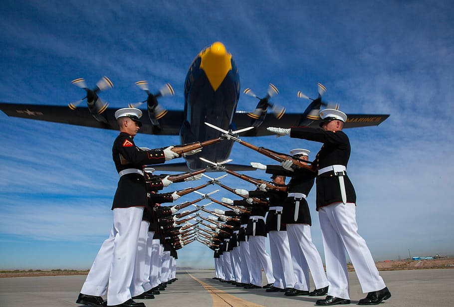 military, salute, black, airplane, silent drill platoon, marine corps, fat albert, blue angels, navy, kc-130 hercules