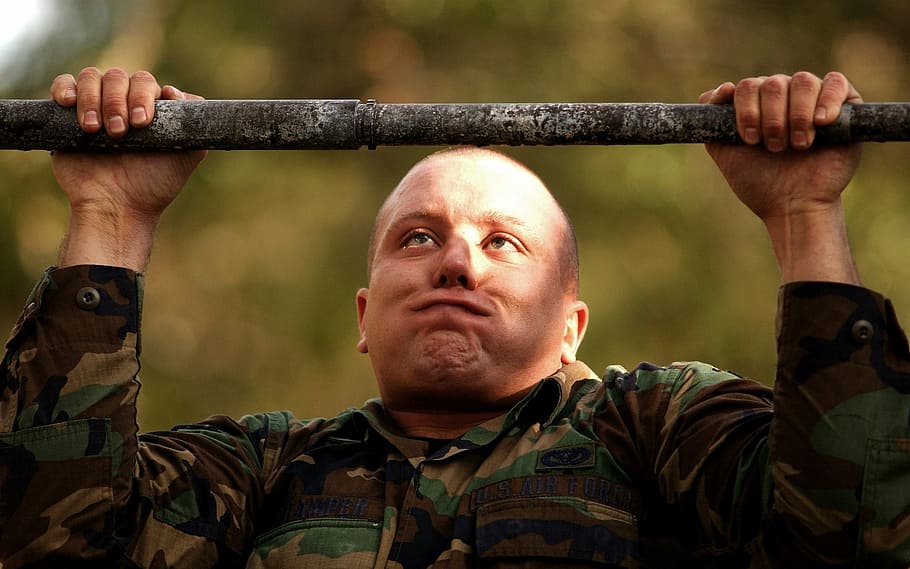 person doing pullup, soldier, obstacle, course, military, male, pull up, chin up, muscles, effort