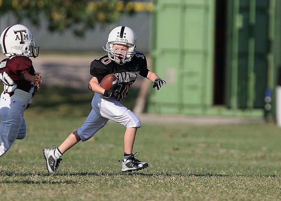 toddler, playing, daytime, Football, Youth League, Action, American, player, running back, ball carrier