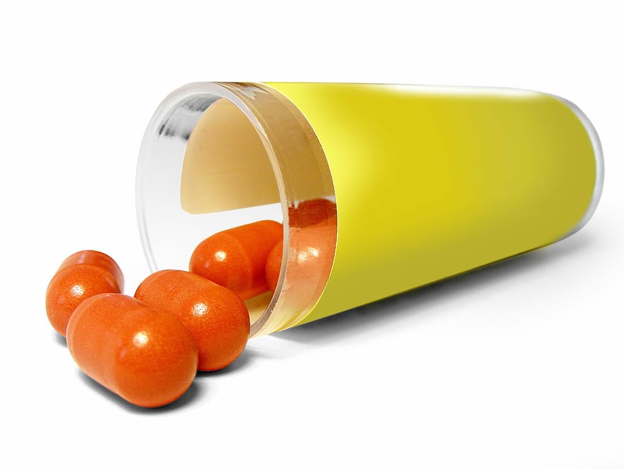 Naranja, píldoras, derramado, amarillo, recipiente de vidrio, tabletas, medicina, enfermedad, bendiga, doctor