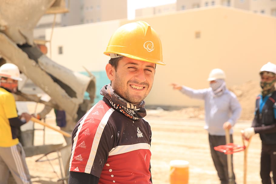 construction, worker, construction worker, smiling, helmet, headwear, occupation, hardhat, hat, portrait