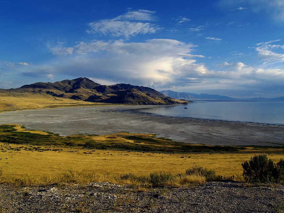 blue, sea, mountain, cloudy, sky, great salt lake, water, reflections, landscape, scenic
