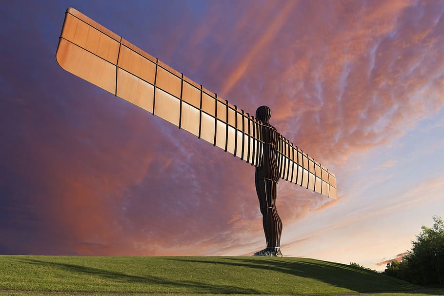 brown, statue, hill, daytime, angel of the north, sky, outdoors, angels, landscape, north