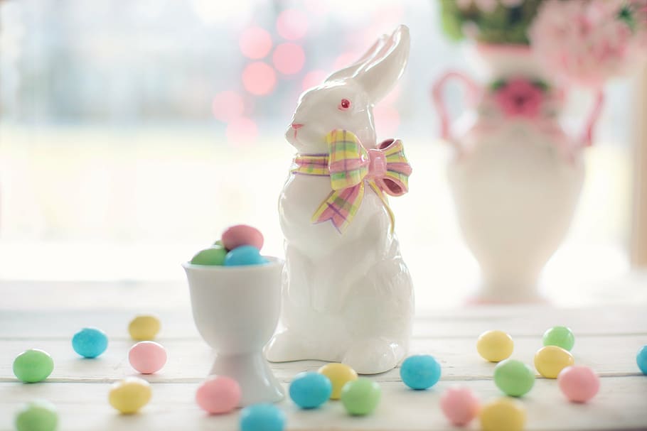 blanco, cerámica, figurilla de conejo, pascua, conejito, caramelo, rosa, pasteles, conejo, feriado