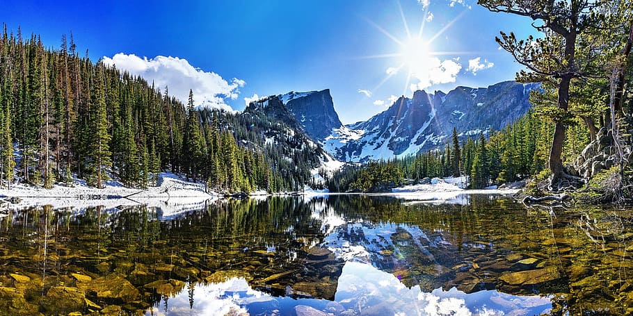 lake, snow, coated, mountain, daytime, landscape, scenic, water, reflection, calm