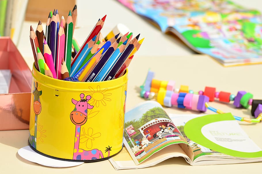 coloring pencils, yellow, container, colored pencils, pen box, paint, kindergarten, crayons, different colored crayons, pens