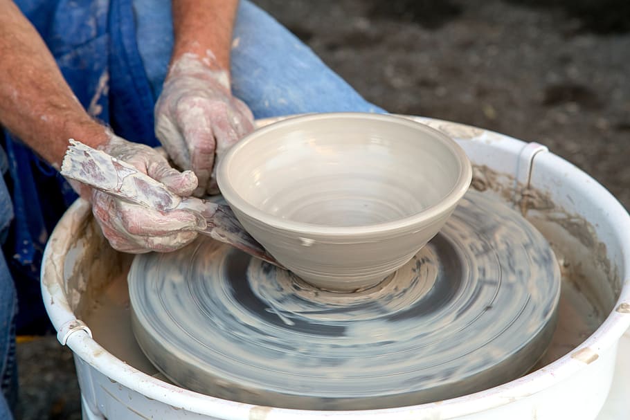 person makin pottery, clay, potter, wheel, artist, hand, handmade, work, ceramic, creativity