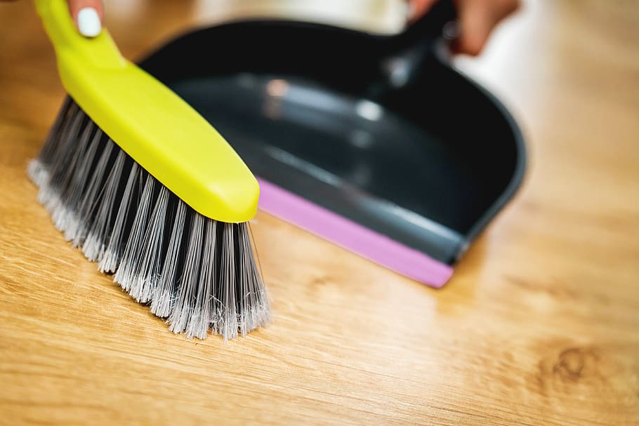Green, brush, dustpan, wooden, background, clean, cleaner, cleaning, dirt, hand