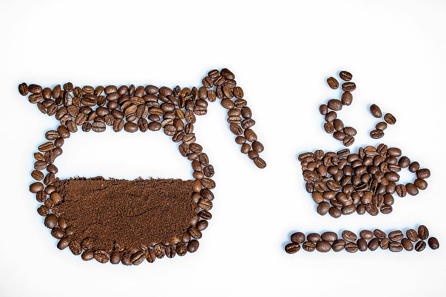 foto, grãos de café, pó, formado, bule de café, xícara, natureza morta, pó de café, xícara de café, feijão
