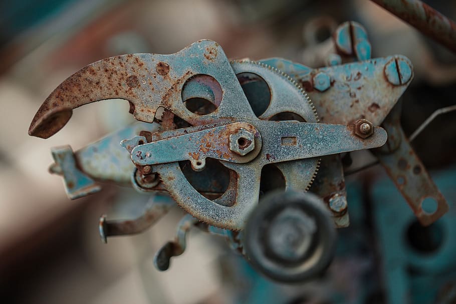 still, items, mechanism, gears, cog, screws, steel, rust, industrial, bokeh