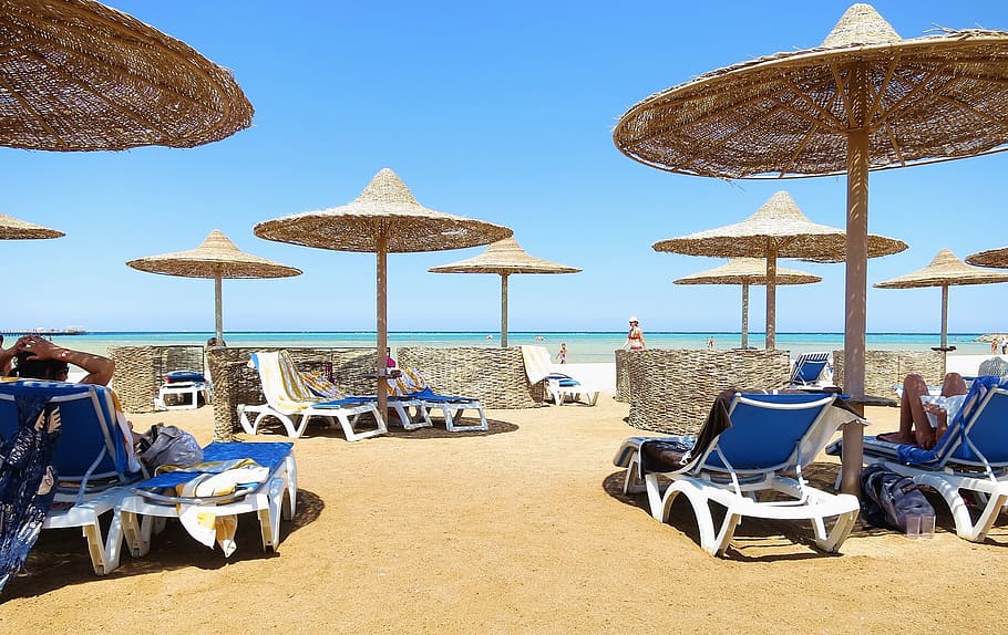 beach, sand beach, parasols, sun lounger, sun loungers, leisure, travel, shade tree, rest, tourism