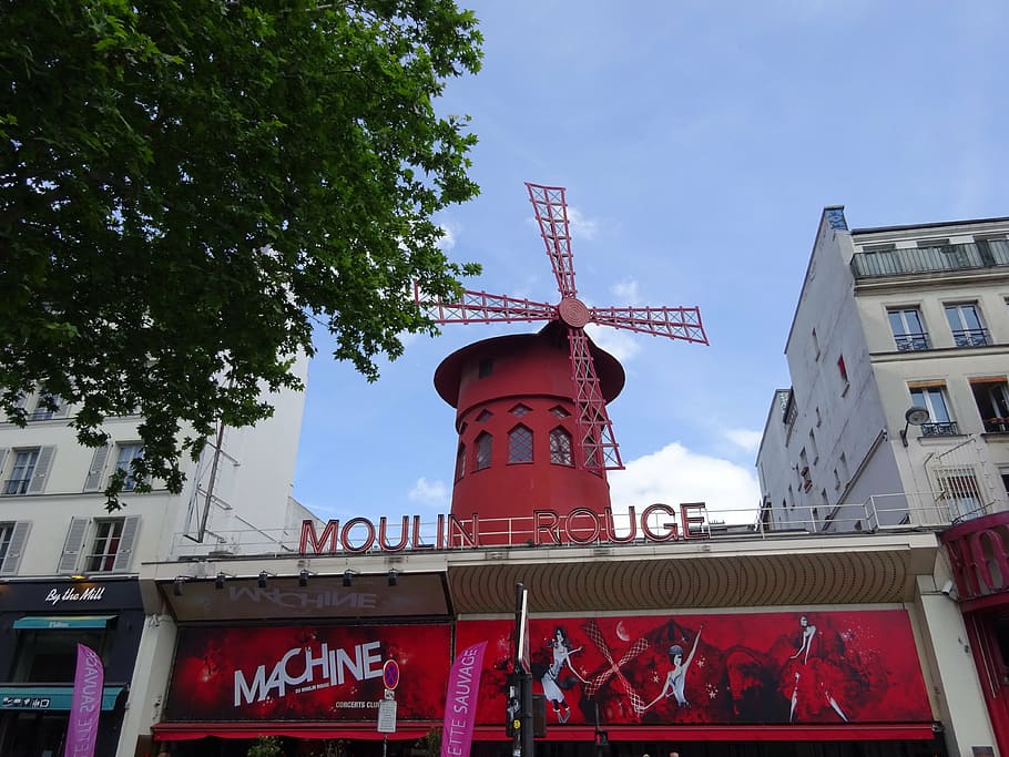 moulin rouge, paris, france, red mill, architecture, tree, built structure, low angle view, building exterior, sky