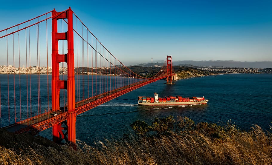 golden, gate bridge, san francisco, daytime, suspension, california, barge, ship, shipping containers, travel