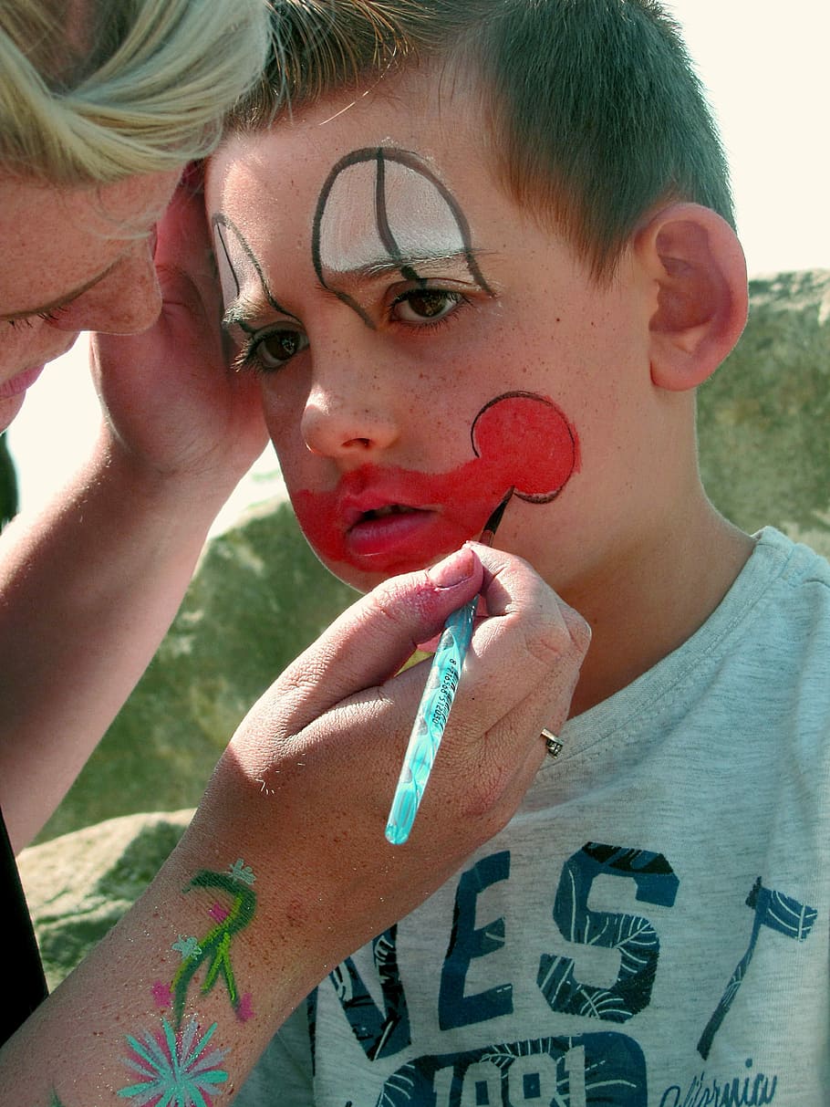 child, clown, face paint, face painting, painted, little boy, red mouth, emotion, birthday party, children's party