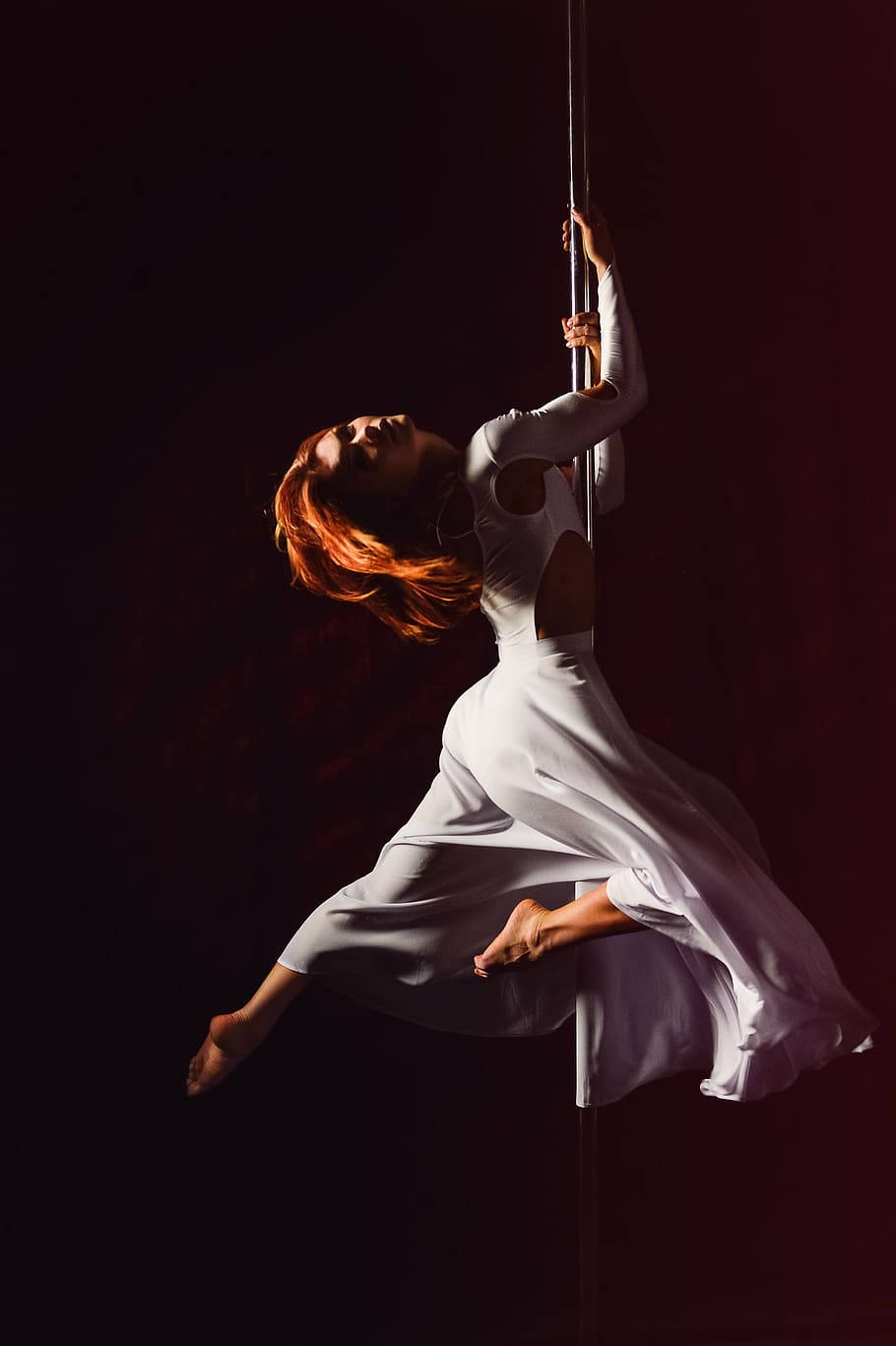 woman dancing, pole, pylon, flight, girl, model, dance, dance floor, soar, pole dance