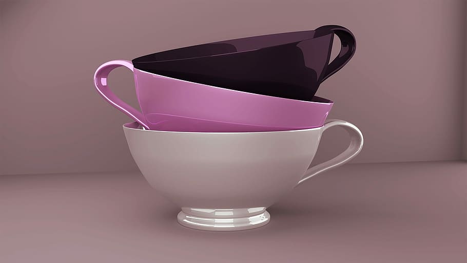 three ceramic cups, pot, kitchen utensil, background, tableware, empty, cup, ceramic, drink, 3d