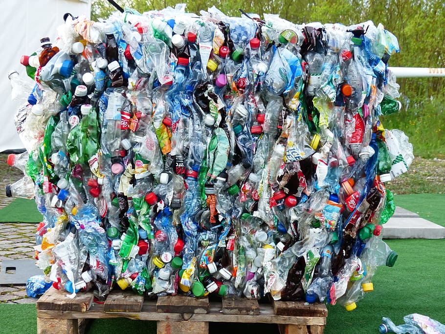 surtido, lote de botellas de plástico, marrón, de madera, paleta, botellas de plástico, botellas, reciclaje, protección del medio ambiente, circuito