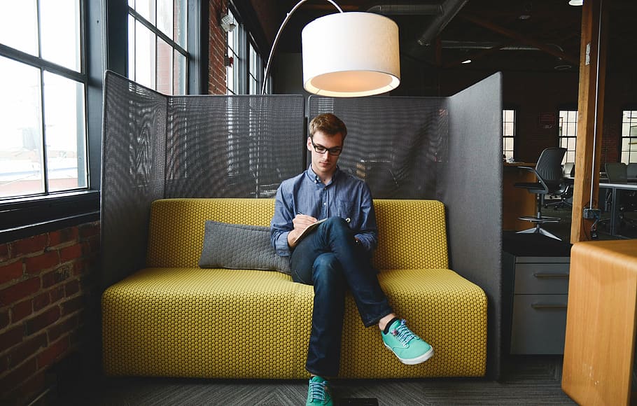 man, sitting, yellow, sofa, pedestal lamp, entrepreneur, startup, start-up, planing, business