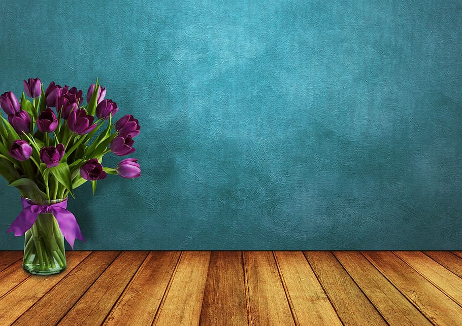 ungu, tulip, jelas, vas kaca, ruang, kayu, vas, dinding, bunga, putaran