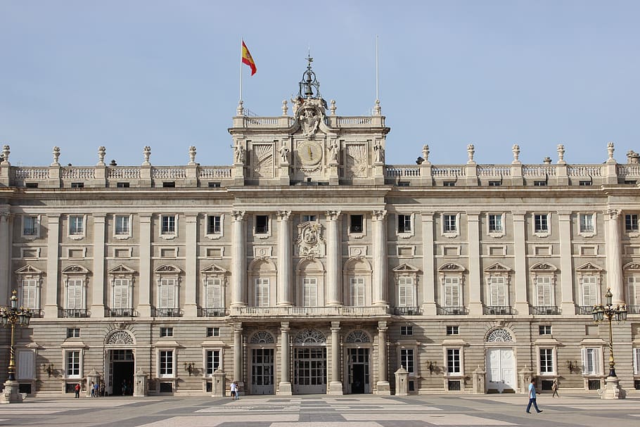 madrid, spain, palace, royal, architecture, the façade of the, building, building exterior, built structure, flag