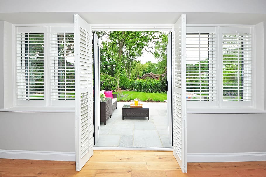 white wooden doors, shutters, colonial shutters, plantation, colonial, modern, indoors, window, domestic Room, home Interior