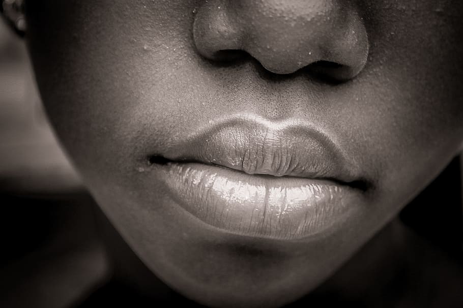 grayscale photo, person, lips, face, black child, child, portrait, black, african, boy