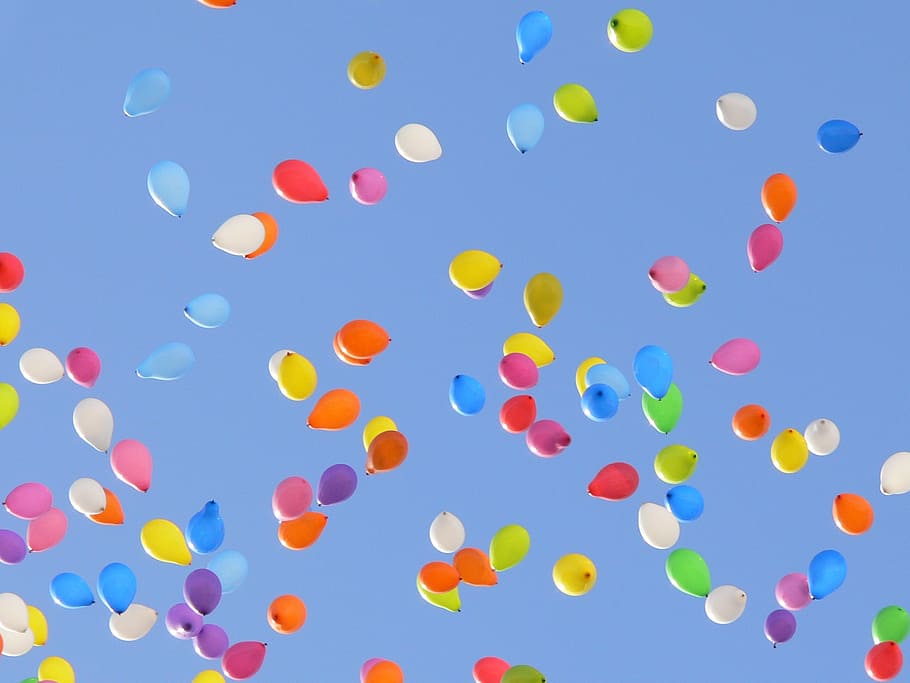 assorted-color balloons, balloons, color, sky, multi colored, large group of objects, blue, celebration, balloon, mid-air
