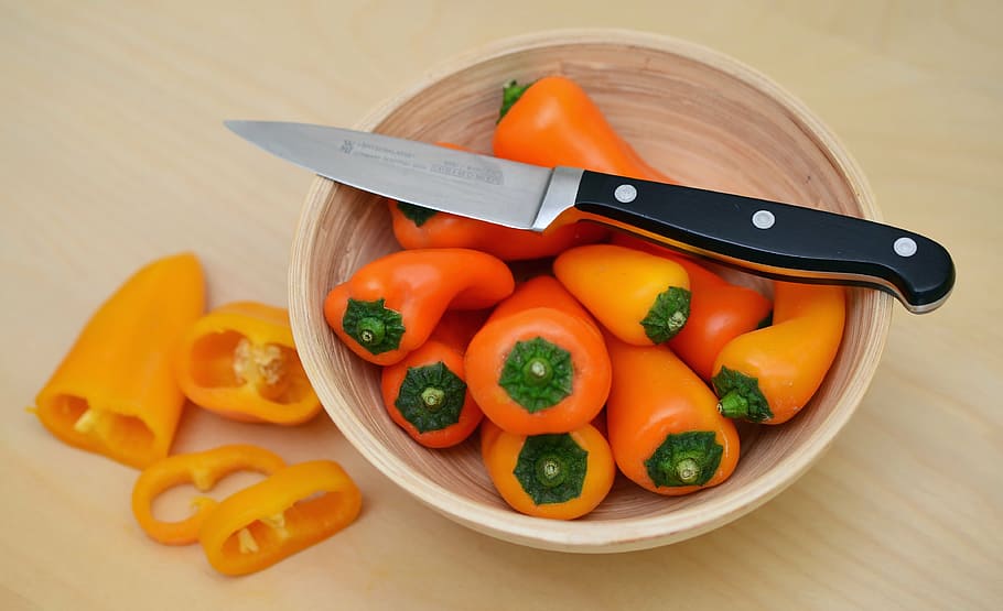 bowl, bell peppers, black, handle, kitchen knife, paprika, vegetables, snack vegetables, cut, healthy