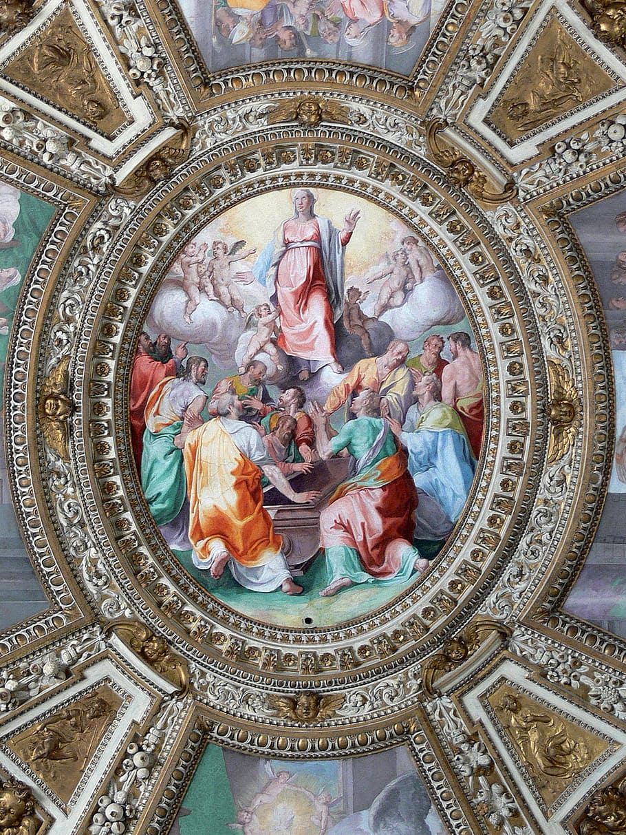 italy, rome, basilica, ceiling, sainte-marie-du-trastevere, assumption of the virgin, human representation, representation, art and craft, built structure