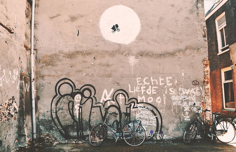 still, graffiti, vandalism, street, wall, art, bicycles, banksy, urban, bicycle