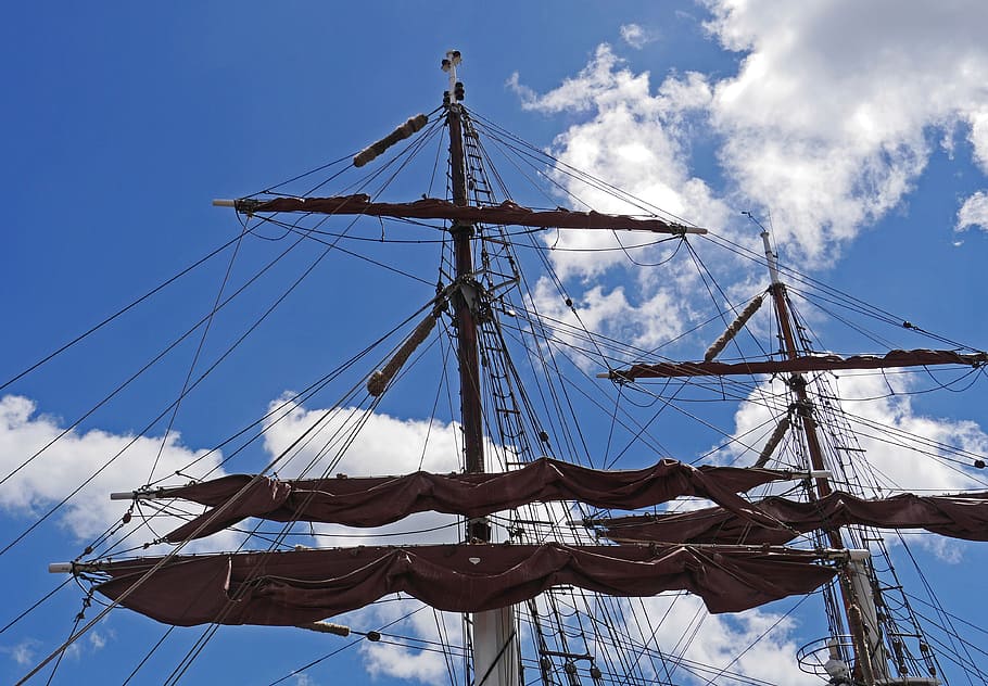 Aparejo, Tall Ship, brahmsegel, zweimaster, brigg, vela marrón, mortajas, cuerdas, escaleras de cuerda, ojo del viento