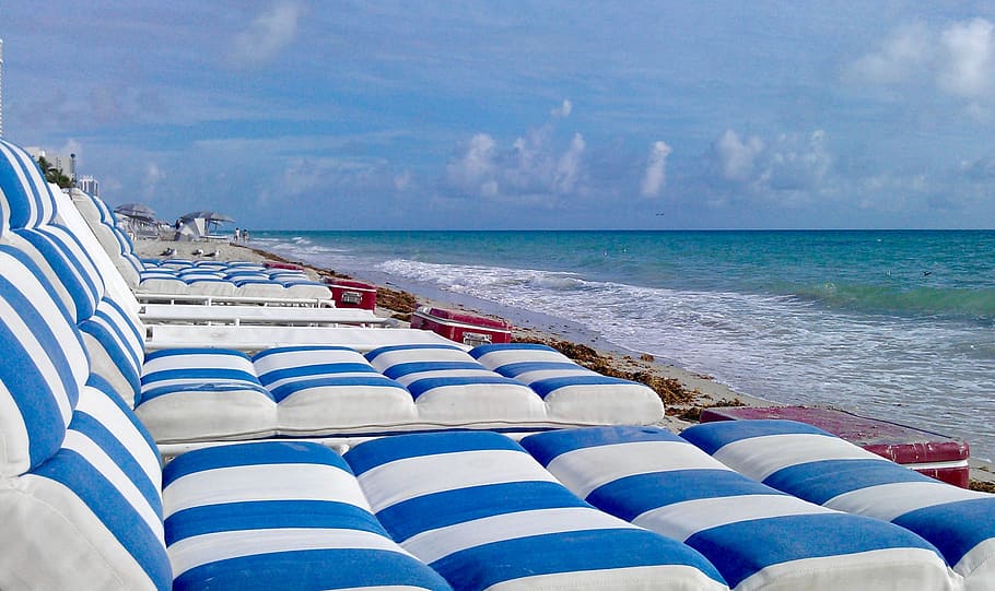 Praia, Lounge, Cadeiras, Espreguiçadeiras, azul, flórida, mar, água, seguidas, dia