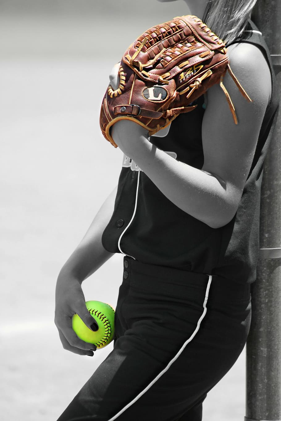 woman, holding, baseball mitt, ball, girl, player, glove, recreation, game, sports