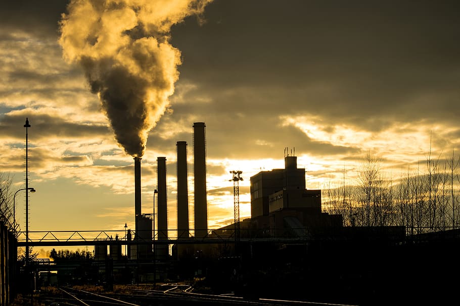 factory, power station, yard, clouds, chimneys, energy, heat production, smoke, industry, building exterior