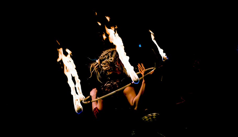 fotografi siluet, penari api, cincin, orang, gadis, wanita, api, menari, penari, pembakaran