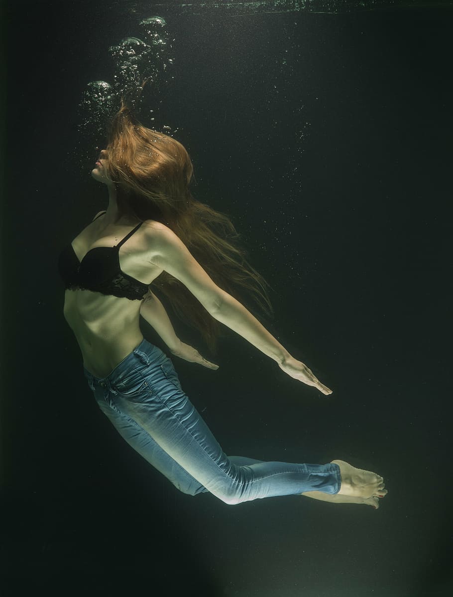 woman, wearing, blue, jeans, body, water, fashion, art, tank, under the beautiful arts