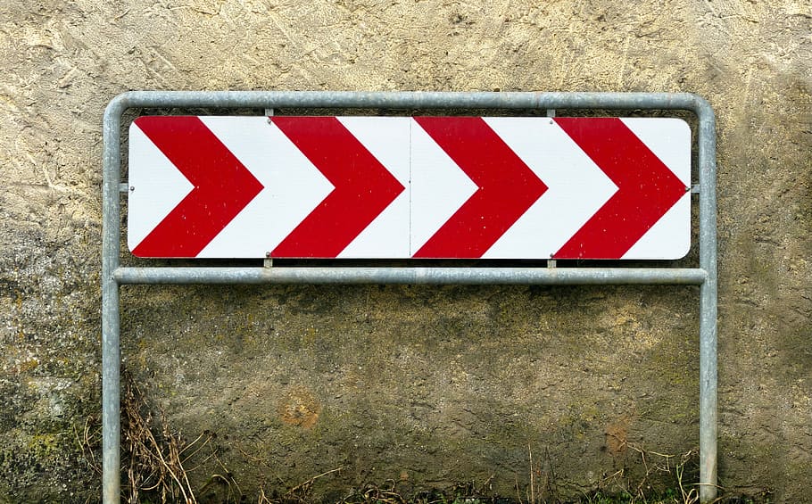 red, white, arrow signage, wall, shade, leittafel, directional panel, road, traffic, shield