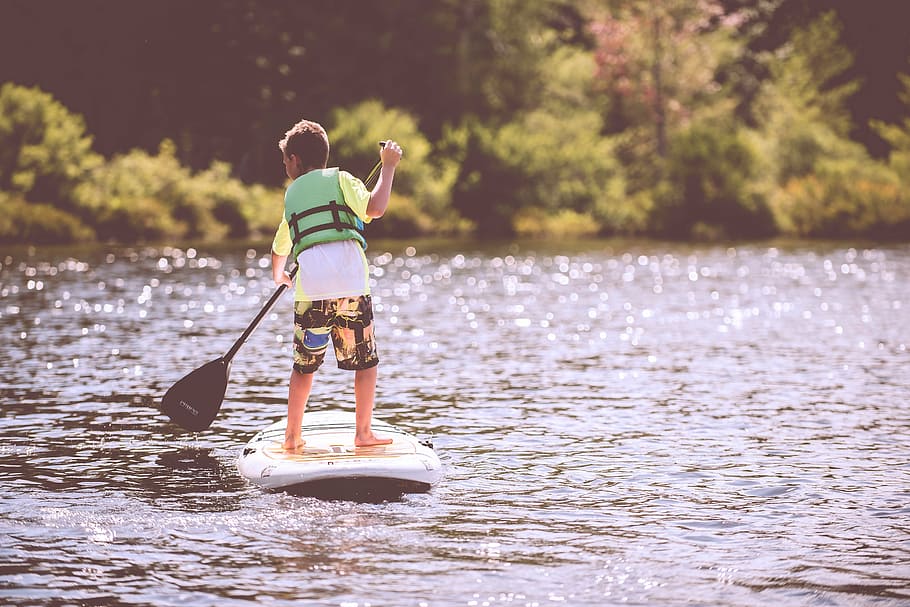 toddler boy, standing, paddle board, body, water, boy, white, surfboard, people, kid
