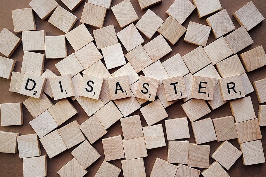 brown, wooden, scrabble tiles, forming, disaster word, top, disaster, crisis, problem, letters