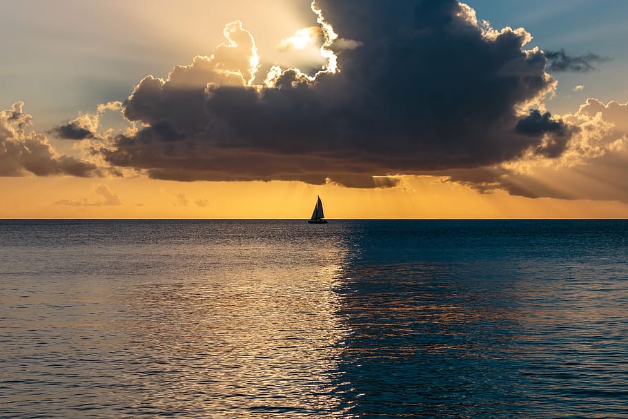 silhouette, boat, calm, body, water, ocean sunset, atlantic ocean, barbados, sailboat, god rays