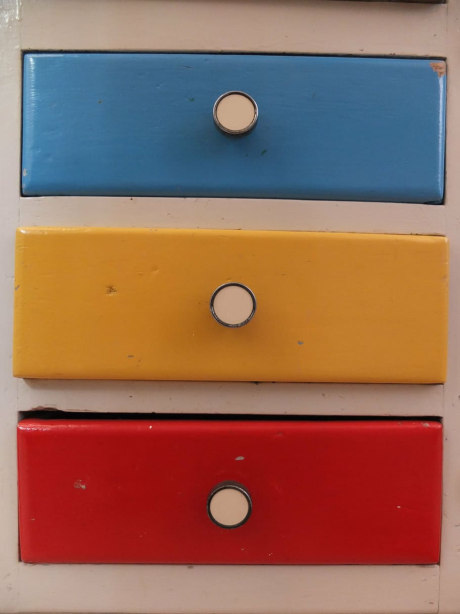 drawers, cabinet, blue, yellow, red, color, knauf, close-up, day, outdoors